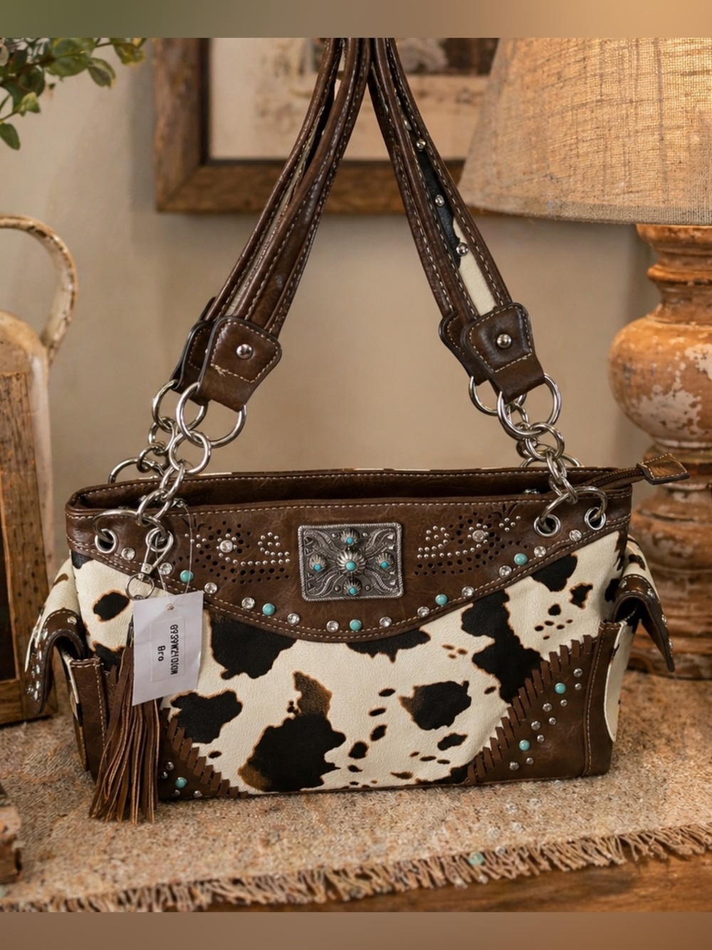 NWT Large Brown & Cream Cowhide-Pattern Shoulder Bag Turquoise Stud Accents
